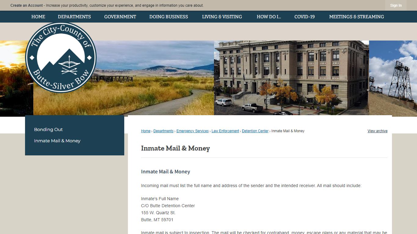 Inmate Mail & Money | City and County of Butte-Silver Bow, MT